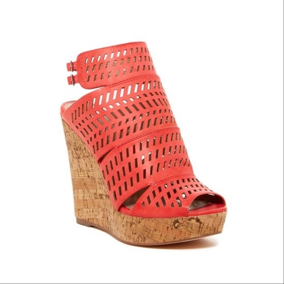 Coral Ankle Strap Perforated Platform Wedges - Picture 4 of 5